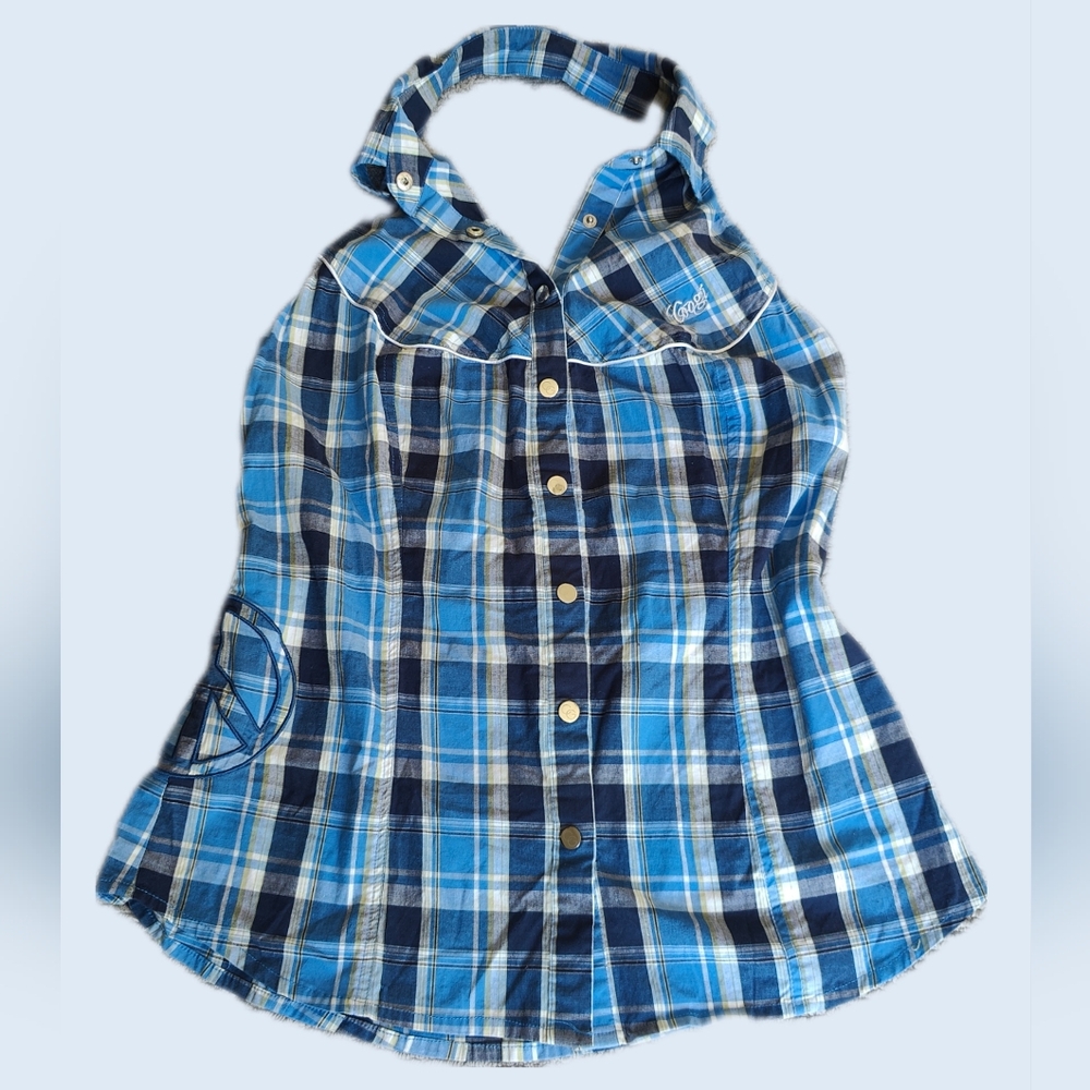 Coogi Blue Plaid Halter Tank Top - Size XL